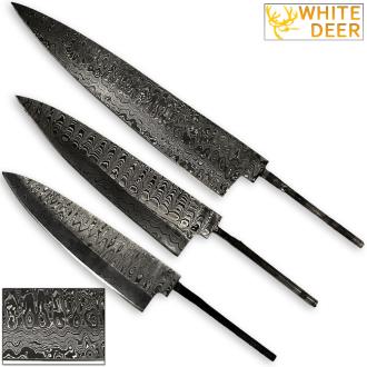 White Deer Chef Knife Blank Cutlery Trio Damascus Steel Forged Set of 3