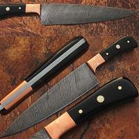 SDM-2214 - Custom Made Damascus Steel Chef Knife Buffalo Horn Handle &amp; Copper