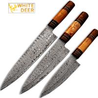 SDM-2262 - White Deer Custom Made Damascus Chef Knife Set of 3 Knife Olive Wood Handle