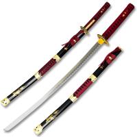 SW-471RD - 38.5&quot; OVERALL RED SAMURAI SWORD WITH ATTACHED THROWING KNIFE