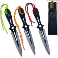 TK9121-80B-3 - Ninja Throwing Knife Set of 3 Skulls Design Red, Orange, Green