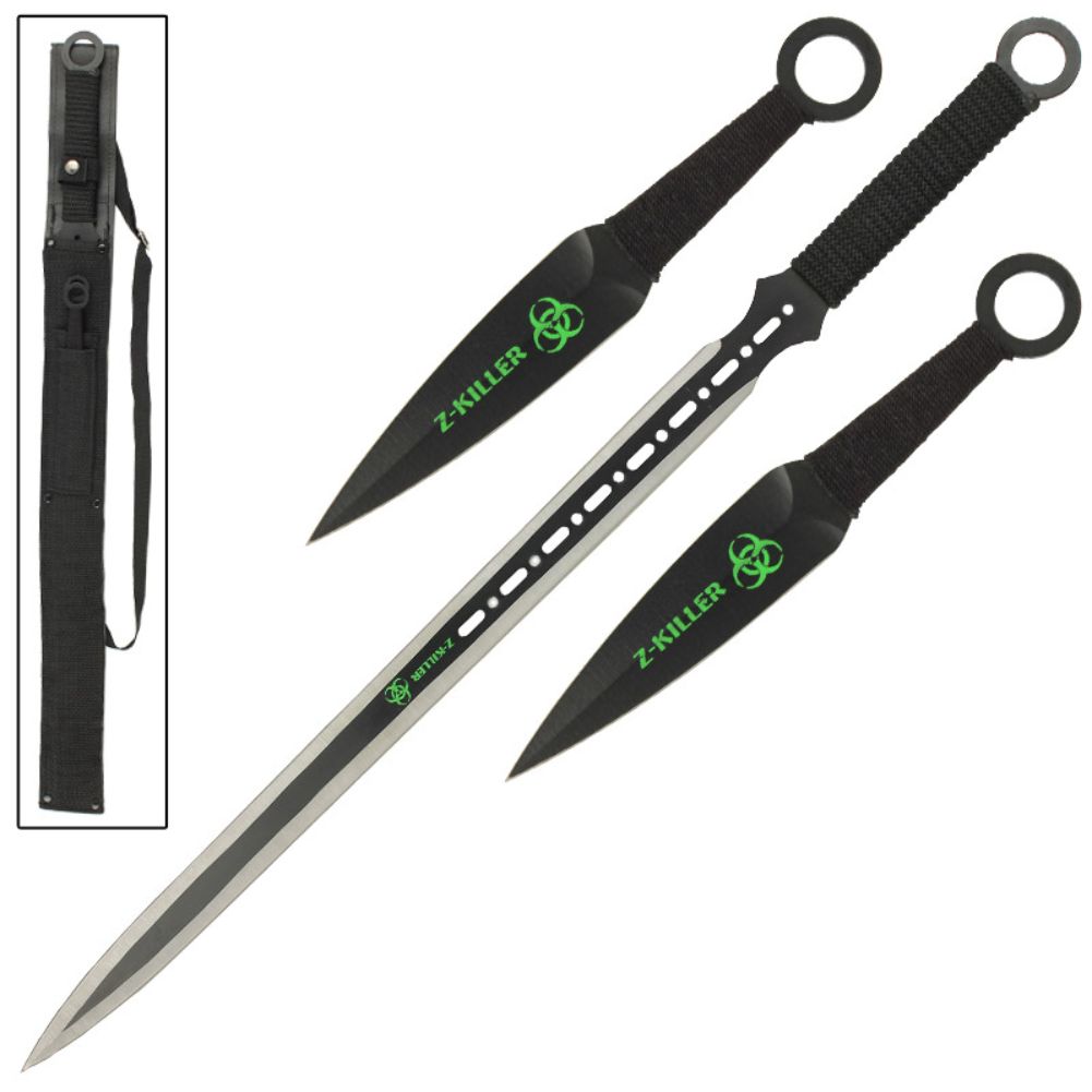 3 PC TACTICAL METAL 6.5 THROWING KNIFE SET w/ SHEATH Combat Kunai Ninja  Case