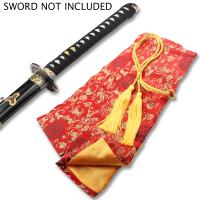 ZSB-06BAG - RED SILK EMBROIDERED SWORD BAG WITH GOLD ROPE TIE