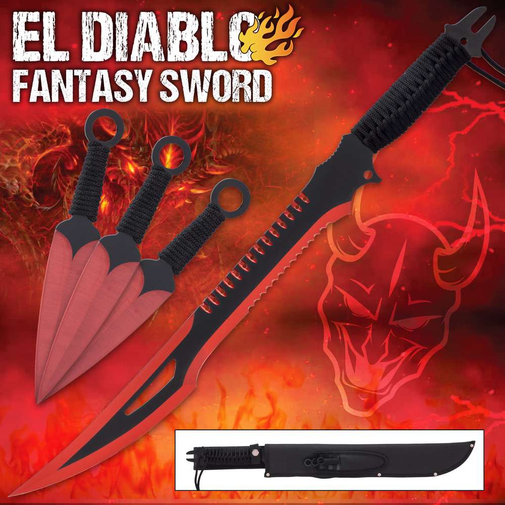  Snake Eye Tactical Ninja Sword and Kunai/Throwing Knife Set  with Sheath (BLACK/RED) : Sports & Outdoors