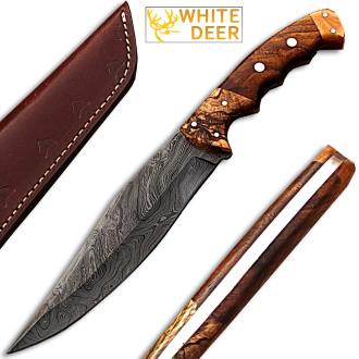 White Deer Exclusive Damascus Steel Bowie Knife with Rose Wood and Burl Olive Wood