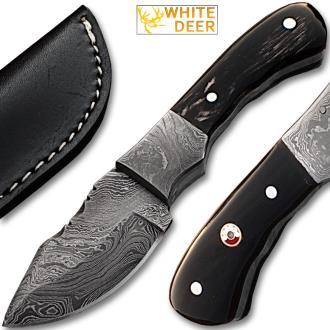 White Deer Damascus Steel Skinner Knife with Buffalo Horn Handle