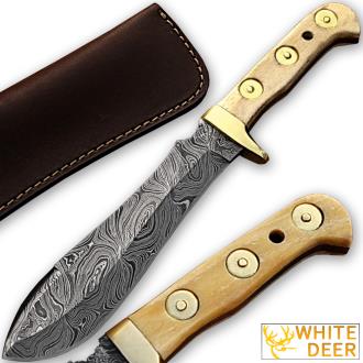 White Deer Magnum Damascus Steel Handmade Hunting Knife with Authentic Buffalo Bone Handle