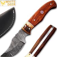 DM-2163 - White Deer Damascus Steel Skinner Knife with Walnut Wood and Stag Bolster 1095 HC