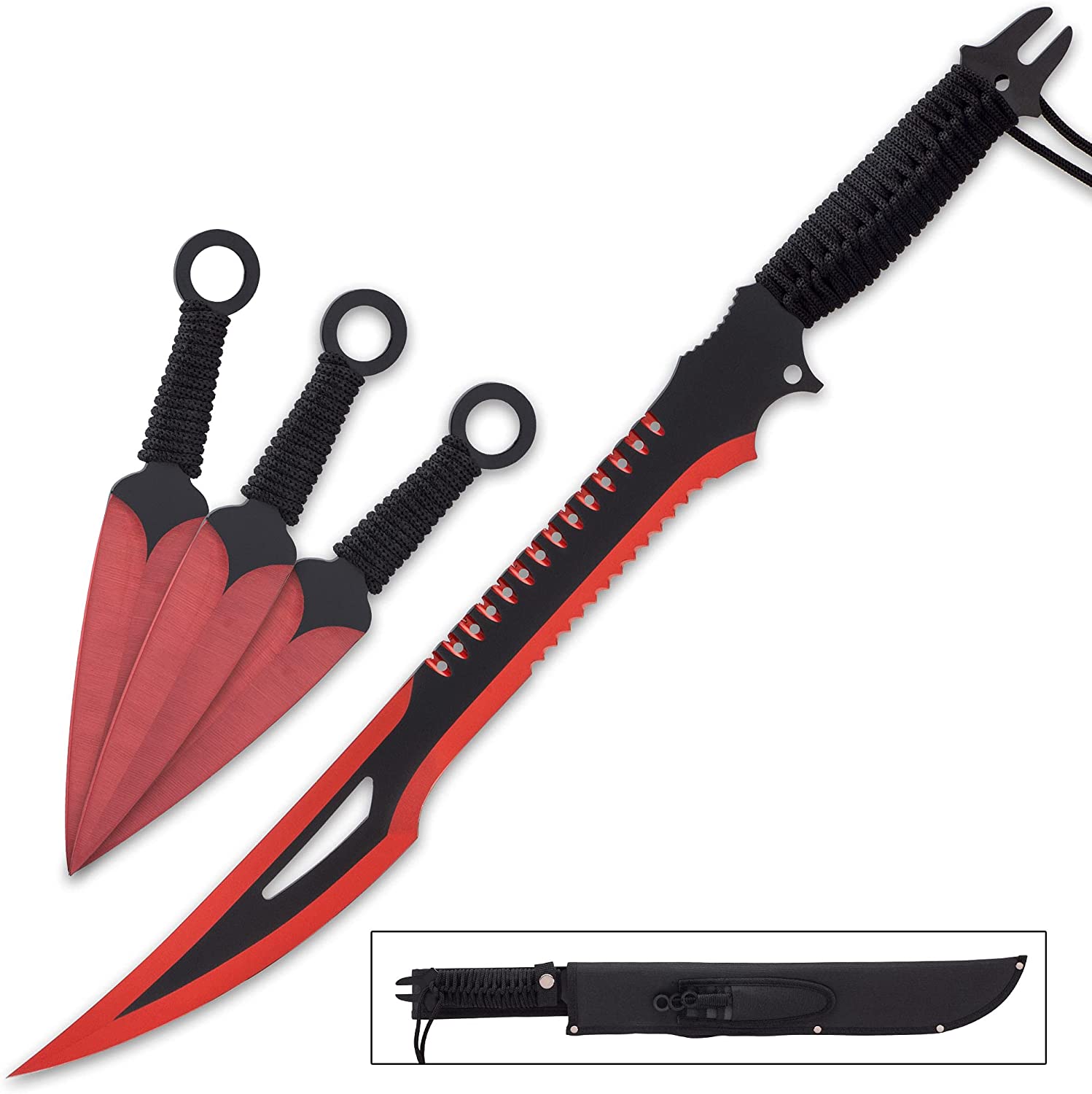 Red Blade Kunai Ninja Sword - Full Tang Sword - Ninja Sword with Throwing  Knives