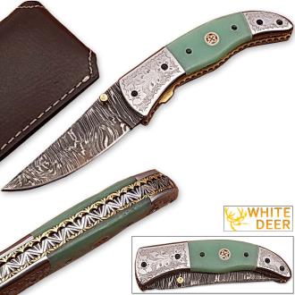 Magnum Trailmaster Damascus Folding Knife Engraved Steel Bolster Composite Grip