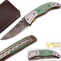 FDM-2530 - Magnum Trailmaster Damascus Folding Knife Engraved Steel Bolster Composite Grip