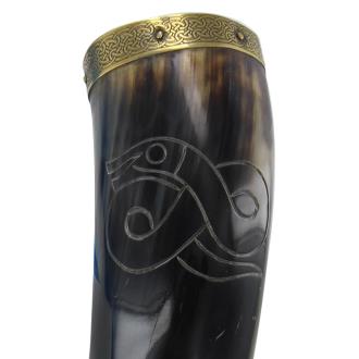 Norse Crocodile Brass Tip Jormungandr Engraved Drinking Horn