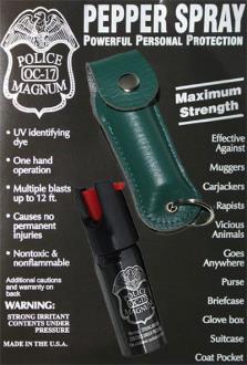 Police Strength Pepper Spray Green Leather Pouch Keychain
