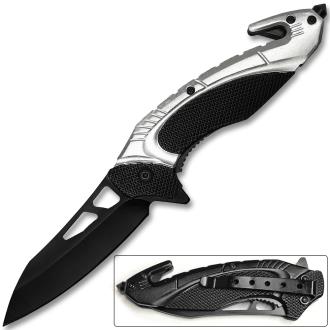 White Deer Tactical Knife with Glass Breaker Silver and Black
